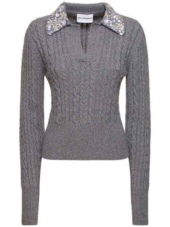 Des Phemmes: Embellished cable knit polo sweater - women_0 | Luisa Via Roma