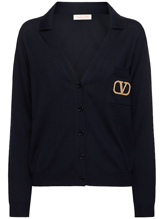 Valentino: Cardigan style polo en laine - Bleu Marine - women_0 | Luisa Via Roma