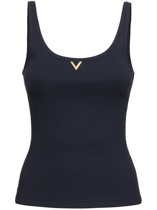 Valentino: Ribbed jersey logo tank top - Navy - women_0 | Luisa Via Roma