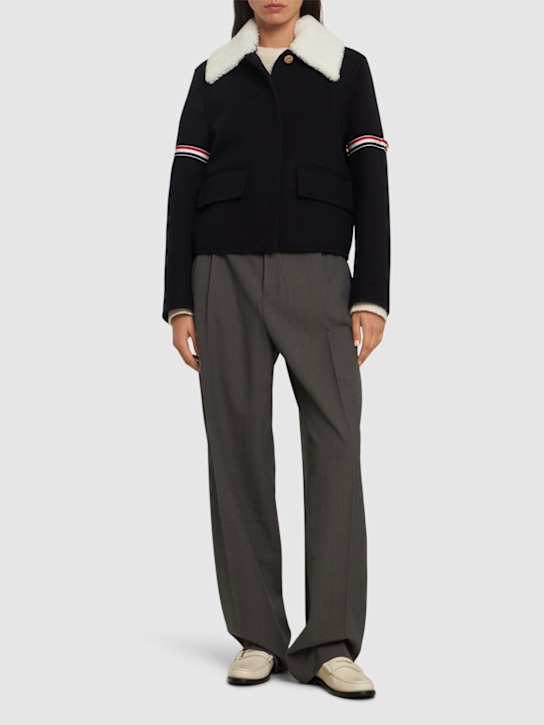Thom Browne: Boiled wool jacket w/shearling collar - women_1 | Luisa Via Roma
