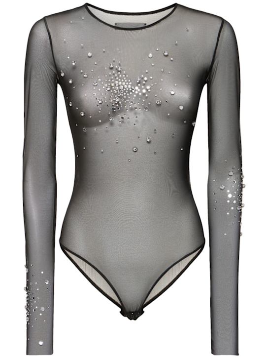 Des Phemmes: Crystal stretch tulle bodysuit - Black - women_0 | Luisa Via Roma