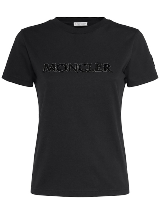 Moncler: Crystal logo cotton t-shirt - women_0 | Luisa Via Roma