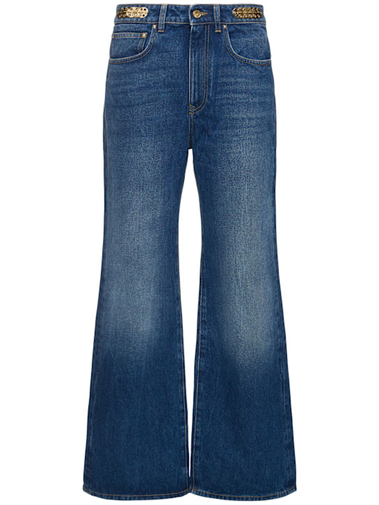 Rabanne: Mid rise denim straight jeans w/ chain - Blue - women_0 | Luisa Via Roma