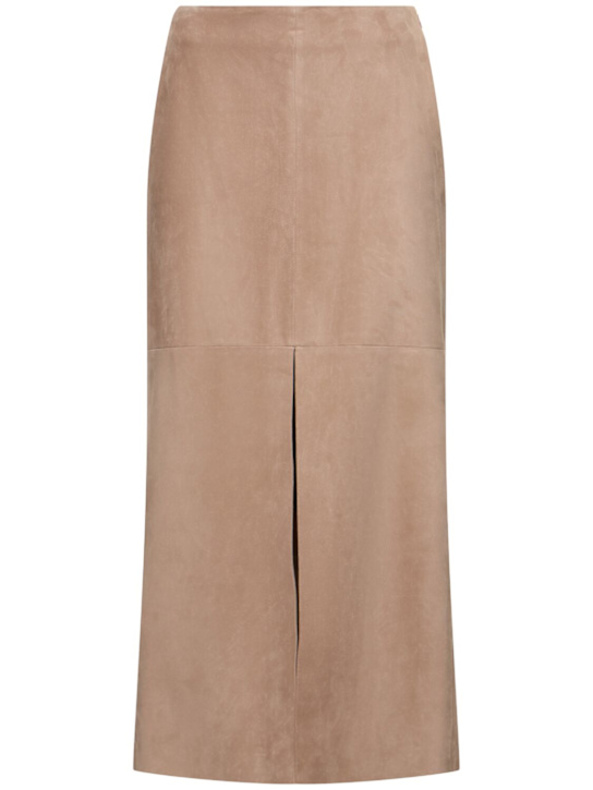 Brunello Cucinelli: Suede leather midi skirt - women_0 | Luisa Via Roma