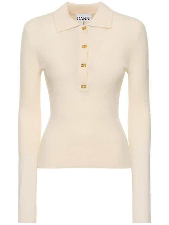 GANNI: Ribbed wool polo sweater - women_0 | Luisa Via Roma