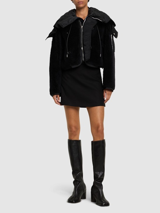 Sacai: Faux shearling & nylon twill jacket - Black - women_1 | Luisa Via Roma