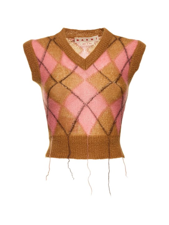 Marni: Mohair blend intarsia v neck vest - Brown/Pink - women_0 | Luisa Via Roma