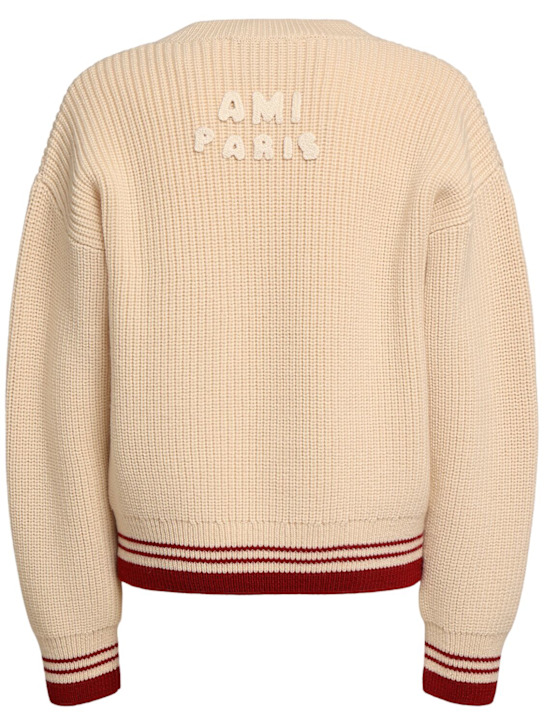 AMI Paris: Rib knit wool v-neck sweater - White Cream - men_3 | Luisa Via Roma