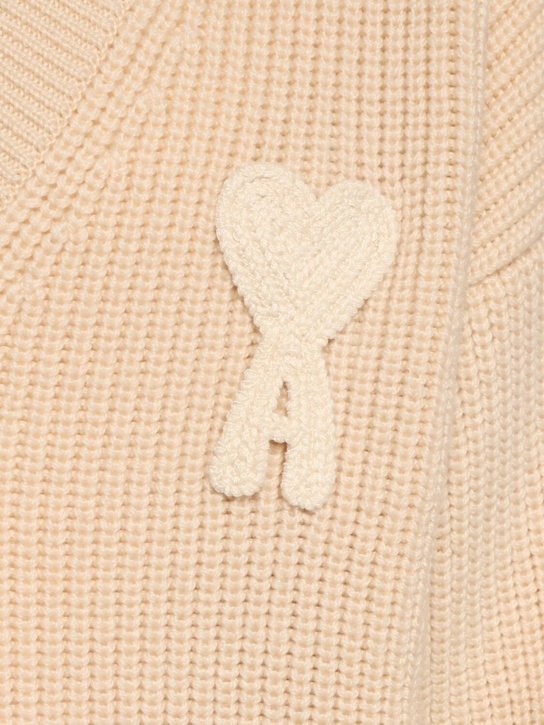 AMI Paris: Rib knit wool v-neck sweater - White Cream - men_5 | Luisa Via Roma
