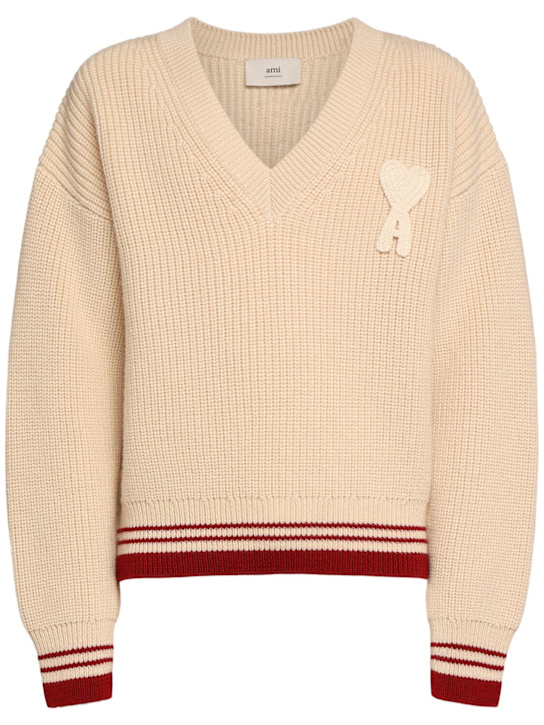 AMI Paris: Rib knit wool v-neck sweater - White Cream - men_0 | Luisa Via Roma