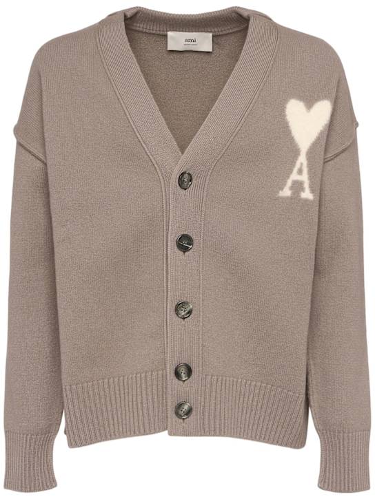 AMI Paris: ADC logo wool blend cardigan - Ash/Off White - men_0 | Luisa Via Roma