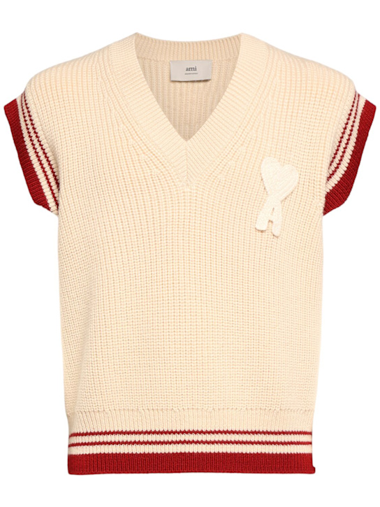 AMI Paris: Logo rib knit wool vest - White Cream - men_0 | Luisa Via Roma