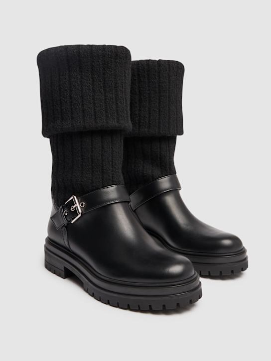 Gianvito Rossi: 20mm Knit & leather biker boots - Black - women_2 | Luisa Via Roma