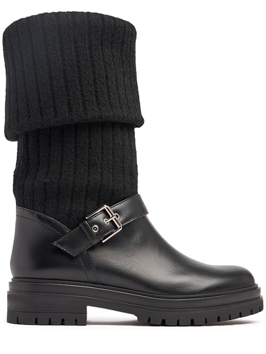 Gianvito Rossi: 20mm Knit & leather biker boots - Black - women_0 | Luisa Via Roma