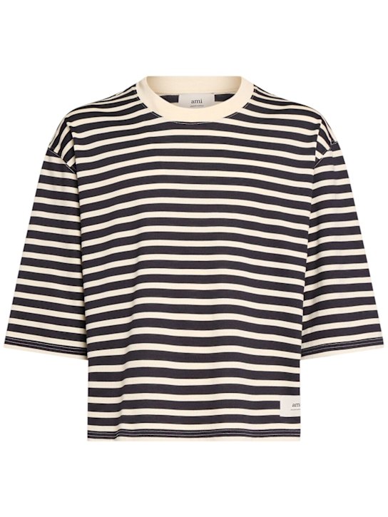 AMI Paris: Striped oversized cotton t-shirt - Navy/White - men_0 | Luisa Via Roma