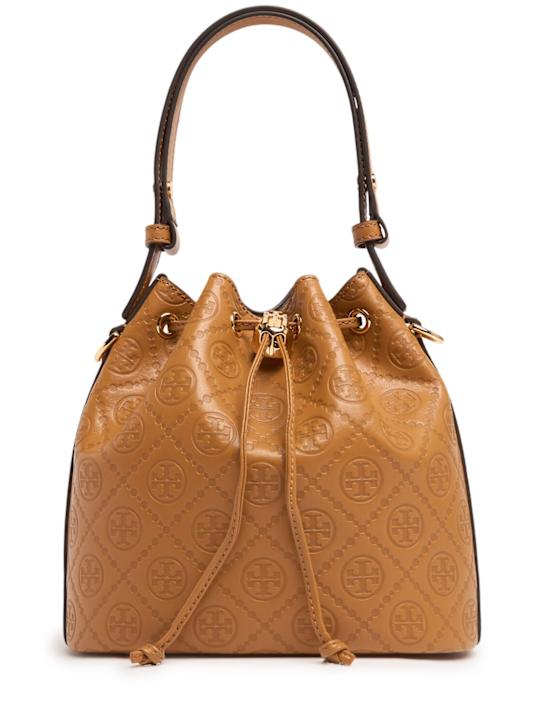 Tory Burch: T Monogram leather bucket bag - Tan - women_0 | Luisa Via Roma