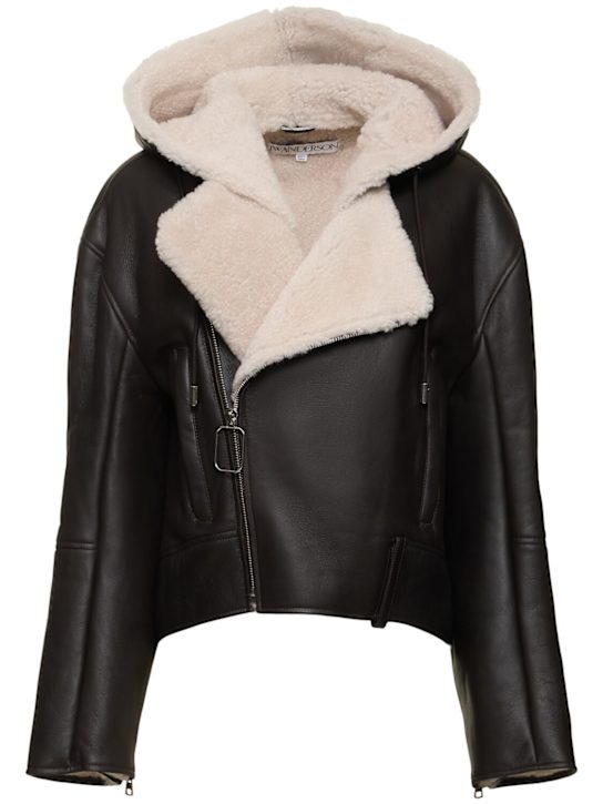 JW Anderson: Shearling biker jacket w/hood - Brown - women_0 | Luisa Via Roma