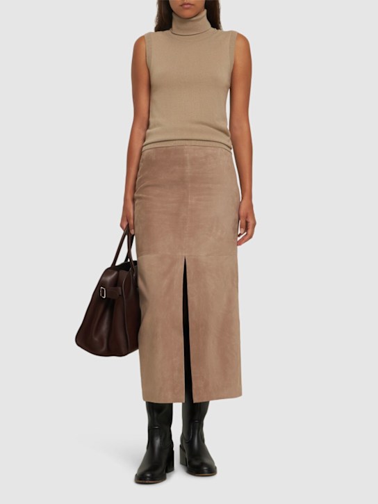 Brunello Cucinelli: Suede leather midi skirt - women_1 | Luisa Via Roma