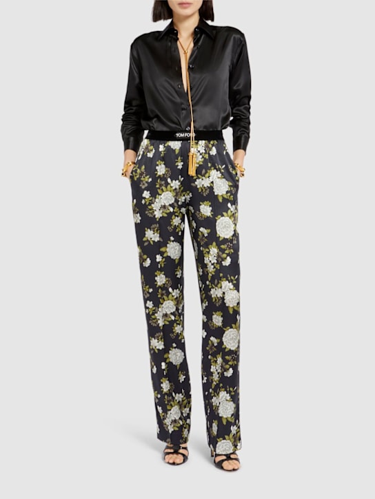 Tom Ford: Floral print stretch silk satin pants - White/Black - women_1 | Luisa Via Roma