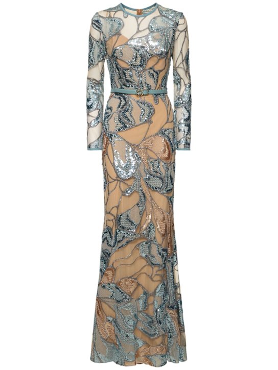 Elie Saab: Embroidered tulle long dress - Blue/Nude - women_0 | Luisa Via Roma