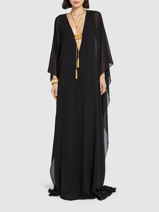 Deep v-neck silk georgette long dress - Thumbnail 2