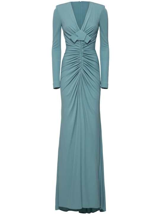 Elie Saab: Robe longue en jersey drapé - Cerulean Blue - women_0 | Luisa Via Roma