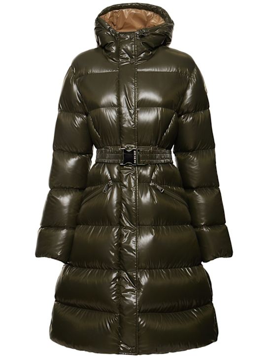 Moncler: Bellevue亮面尼龙长款羽绒服 - 深绿色 - women_0 | Luisa Via Roma