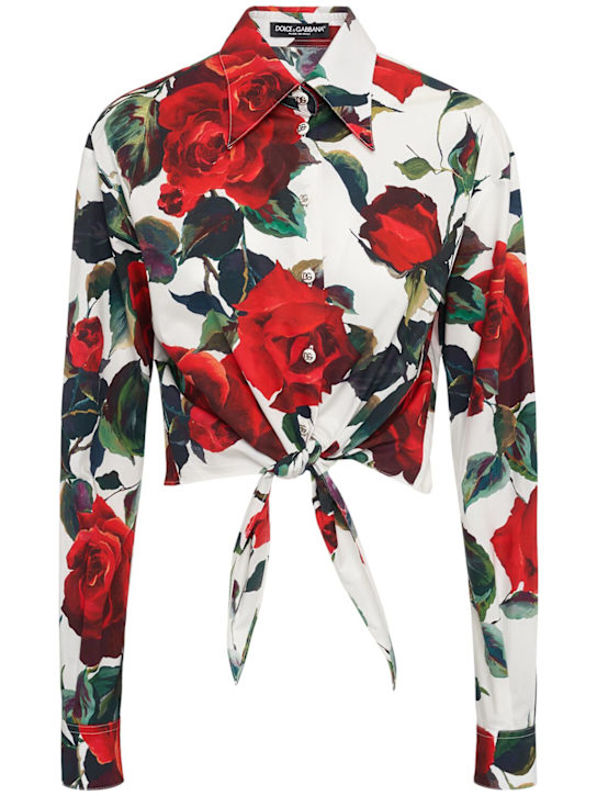Dolce&Gabbana: Camicia cropped in popeline di cotone stampato - Rosso/Multi - women_0 | Luisa Via Roma