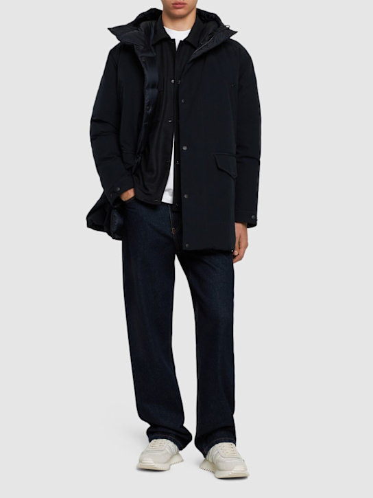 Moncler: Tech & cotton down long jacket - Royal Blue - men_1 | Luisa Via Roma