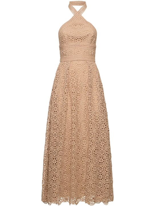 Elie Saab: Vestito midi macramé con chiusura al collo - Nude - women_0 | Luisa Via Roma