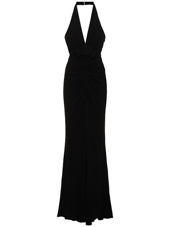 Elie Saab: Robe longue en jersey drapé à encolure licou - Noir - women_0 | Luisa Via Roma