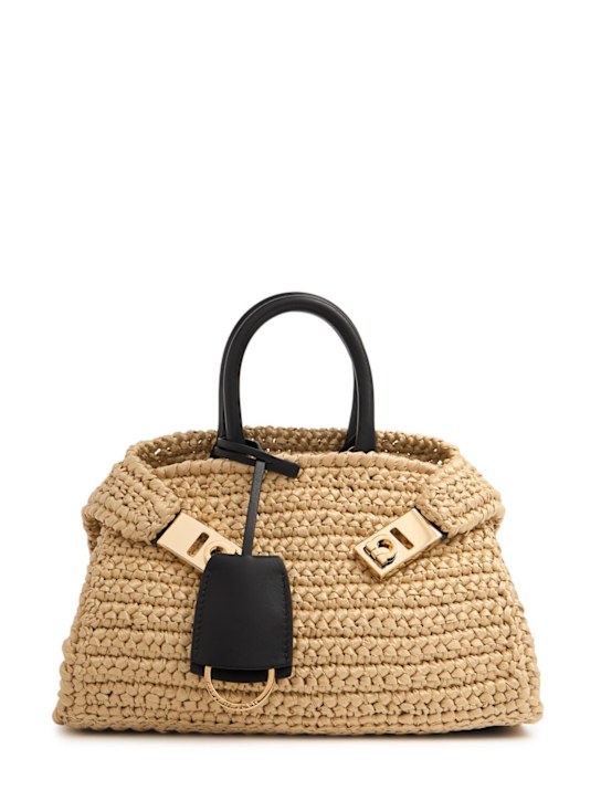 Ferragamo: Mini Hug raffia effect top handle bag - women_0 | Luisa Via Roma