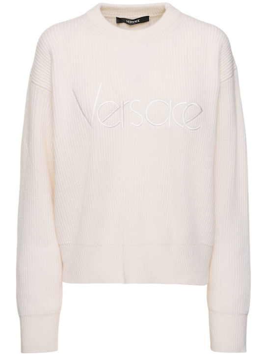 Versace: Embroidered '80s logo rib knit sweater - women_0 | Luisa Via Roma