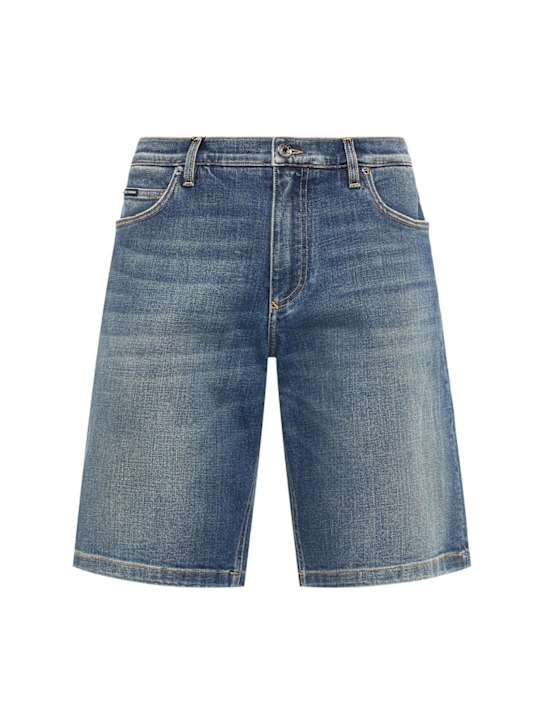 Dolce&Gabbana: Logo plaque stretch denim shorts - men_0 | Luisa Via Roma