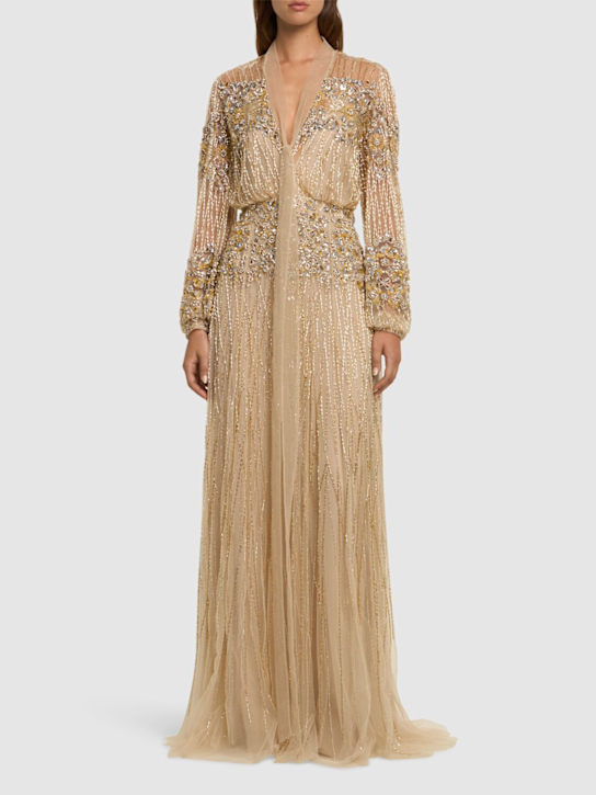 Zuhair Murad: Embellished tulle V neck long dress - women_1 | Luisa Via Roma