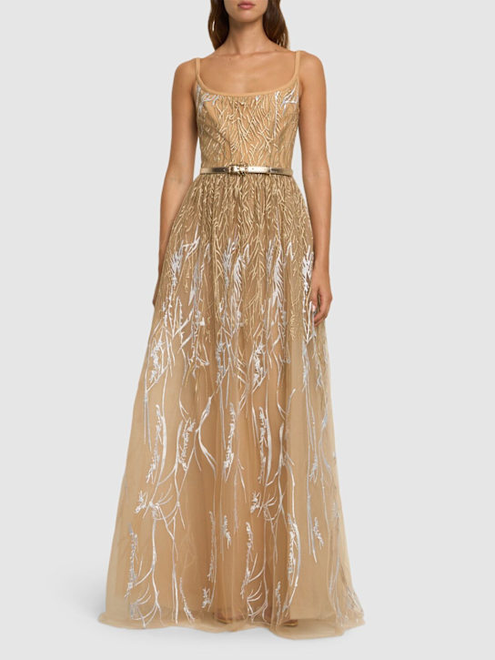 Elie Saab: Vestito lungo in tulle con ricami - Oro/Argento - women_1 | Luisa Via Roma