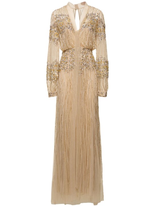 Zuhair Murad: Embellished tulle V neck long dress - women_0 | Luisa Via Roma