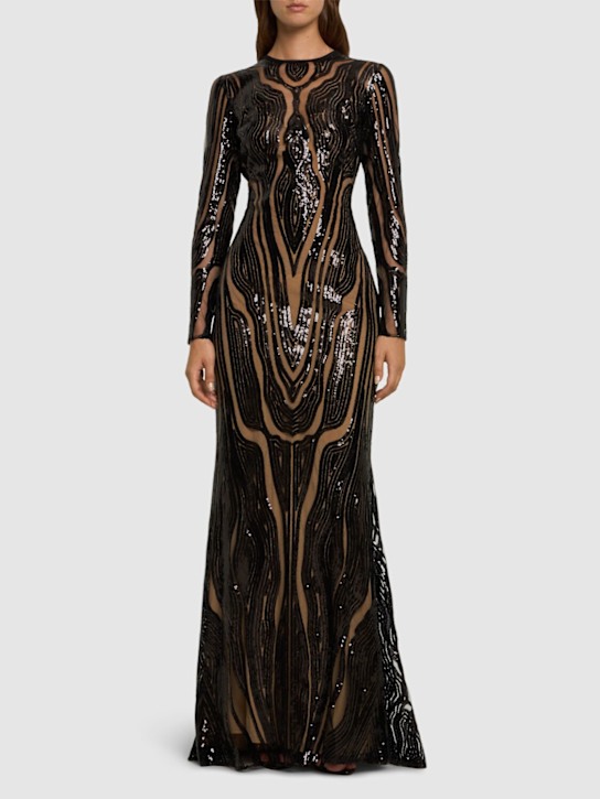 Elie Saab: Embroidered tulle long dress - Black - women_1 | Luisa Via Roma