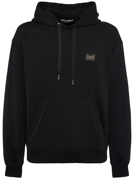 Dolce&Gabbana: Logo plaque cotton jersey hoodie - Black - men_0 | Luisa Via Roma
