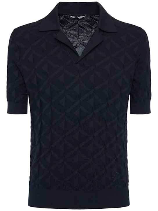 Dolce&Gabbana: Monogram knit silk short sleeve polo - Dark Blue - men_0 | Luisa Via Roma