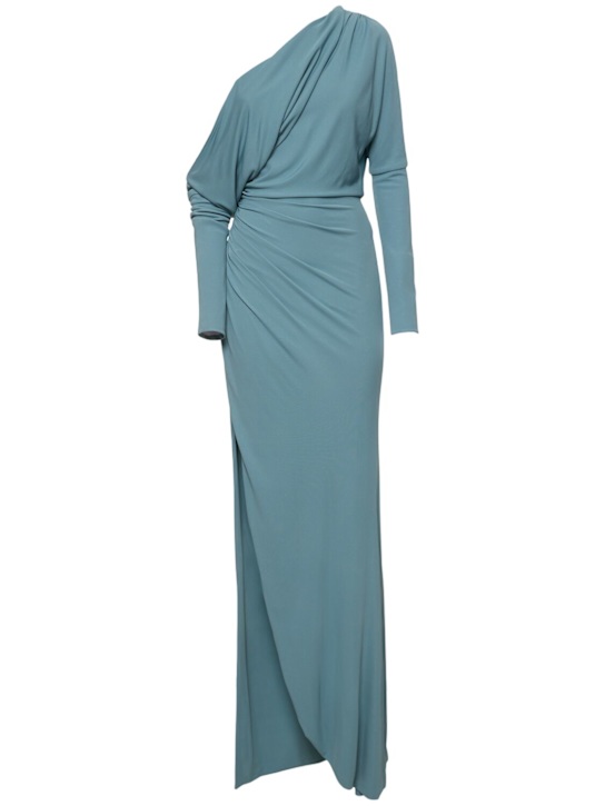 Elie Saab: Vestito in jersey drappeggiato - Blu Ceruleo - women_0 | Luisa Via Roma