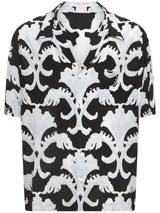 Valentino: Camicia in crepe di seta stampata - Nero/Bianco - men_0 | Luisa Via Roma