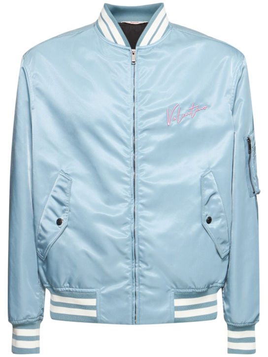 Valentino: Embroidered logo varsity bomber jacket - Blue - men_0 | Luisa Via Roma