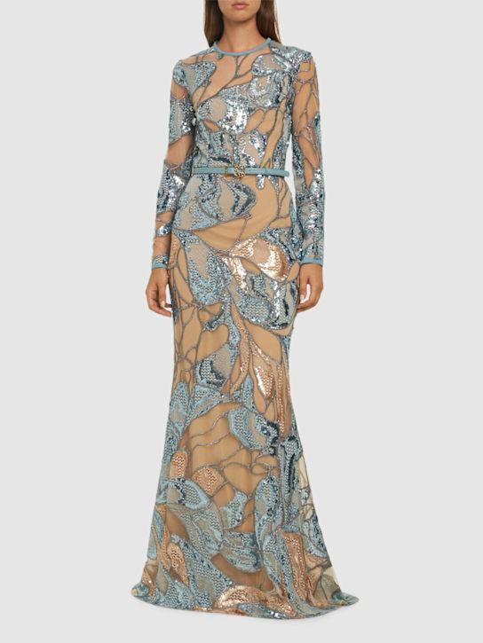 Elie Saab: Robe longue en tulle brodé - Bleu/Nude - women_1 | Luisa Via Roma