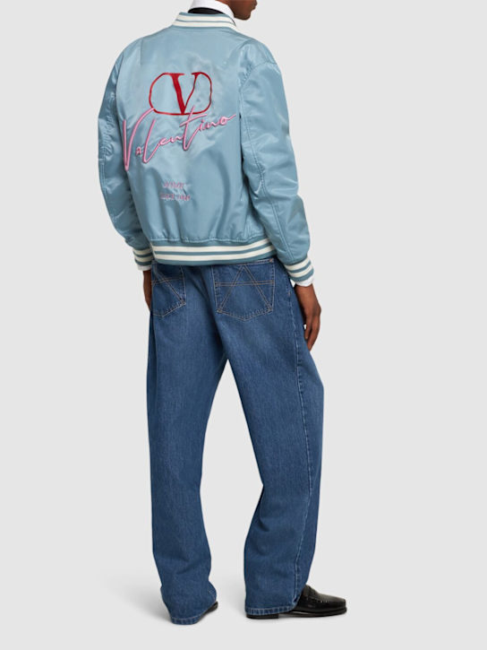 Valentino: Embroidered logo varsity bomber jacket - Blue - men_1 | Luisa Via Roma