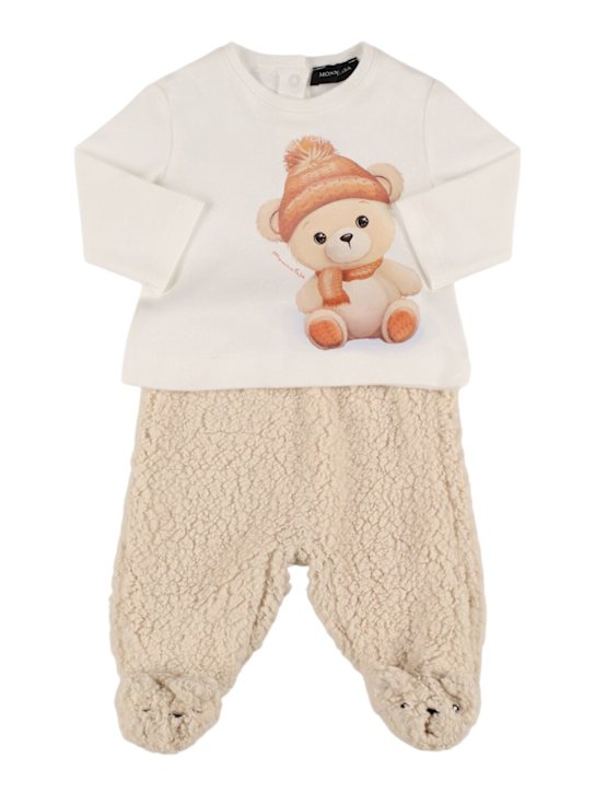 Monnalisa: Cotton jersey t-shirt & teddy gaiters - White/Beige - kids-boys_0 | Luisa Via Roma