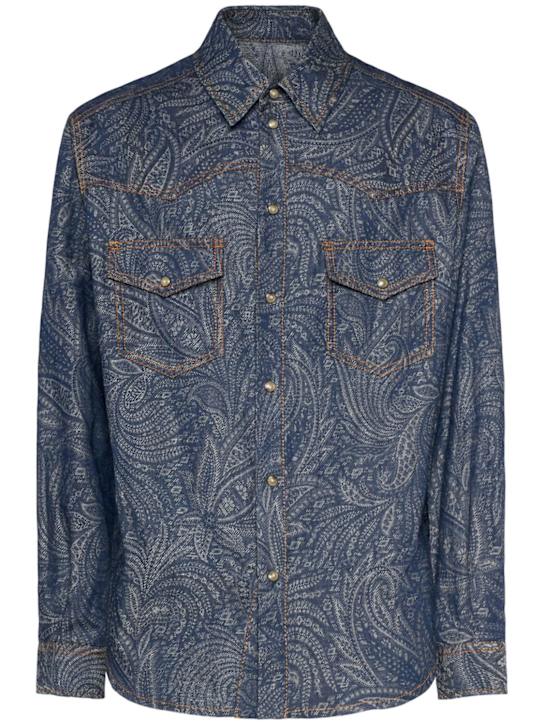 Etro: Paisley cotton & linen denim overshirt - Blue - men_0 | Luisa Via Roma