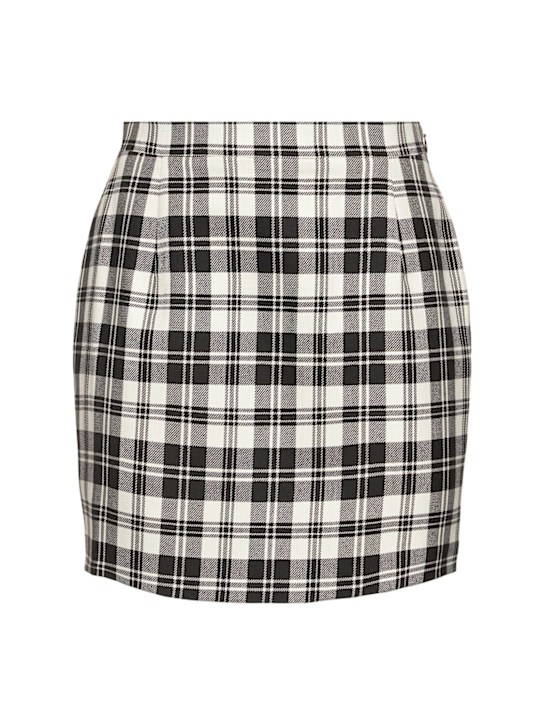 Alessandra Rich: Pleated wool tartan mini skirt w/buckles - Black/White - women_0 | Luisa Via Roma