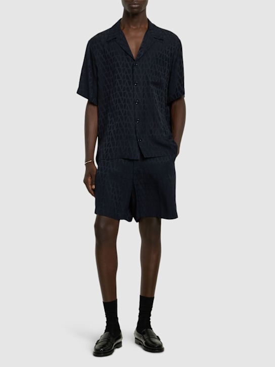 Valentino: Monogram jacquard silk shorts - Blue - men_1 | Luisa Via Roma