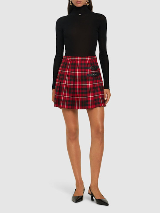 Alessandra Rich: Pleated wool tartan mini skirt w/buckles - Red/Black - women_1 | Luisa Via Roma